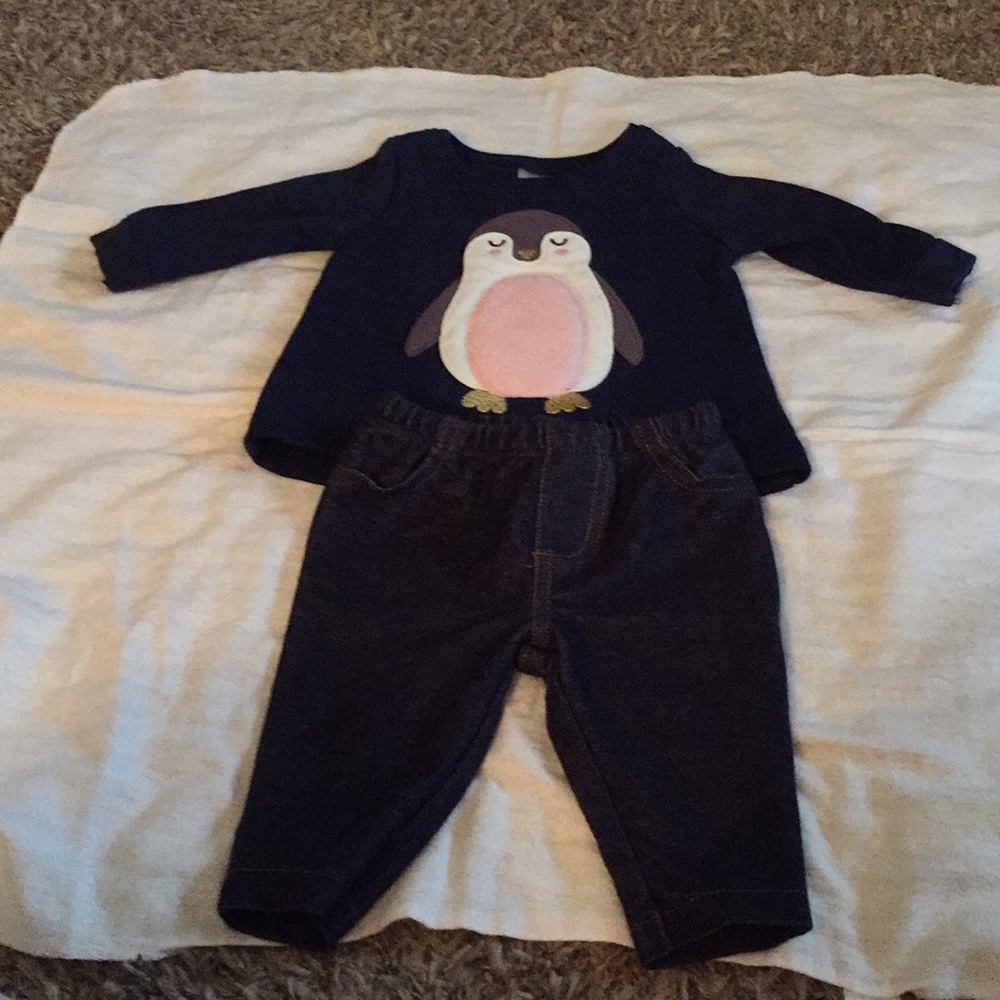 Penguin sweater with blue pants